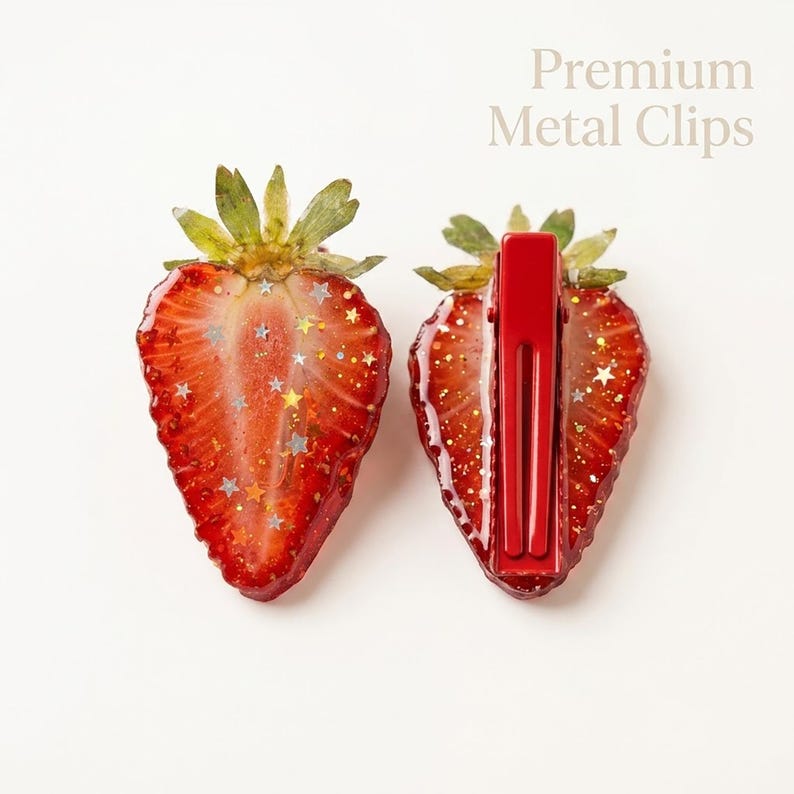 May include: Two hair clips shaped like strawberry slices with green leaves at the top. The red fruit surface is embedded with silver and gold star-shaped glitter. The back of one clip features a red metal alligator clip. Text reads Premium Metal Clips.