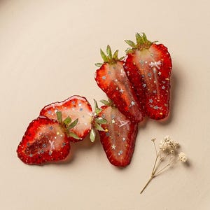 May include: Three strawberry-shaped resin ornaments featuring a translucent red finish, green leafy tops, and embedded silver star-shaped glitter. Each piece displays a glossy texture with small white accents, accompanied by a single dried flower sprig.