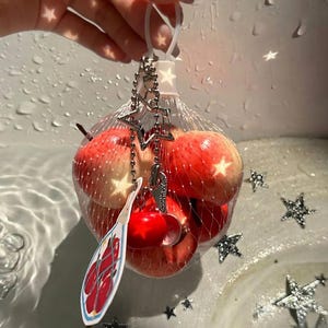May include: A clear plastic mesh bag filled with several red apples, featuring a silver-toned metal chain with a star-shaped charm and a small red apple pendant. A white tag with a red apple illustration is attached to the chain, which has a loop.