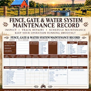 May include: A landscape-oriented maintenance record template featuring a farm scene with a red barn and cattle. The document includes sections for tracking fence, gate, and water system repairs, with checkboxes and blank fields for data entry.