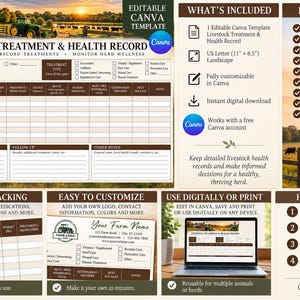 May include: An editable Canva template for a livestock treatment and health record, featuring a landscape layout with columns for date, animal ID, species, age, weight, treatment, dosage, route, reason, withdrawal, provider, and notes.