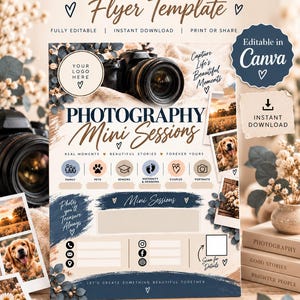 Peut inclure: Un modèle de flyer pour mini-séances photo avec un graphique d'appareil photo, le texte Photography Mini Sessions et des sections pour famille, animaux, seniors, maternité, nouveau-né, couples et portraits. Inclut des espaces pour les coordonnées.
