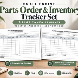 May include: A two-page Small Engine Parts Order & Inventory Tracker set in US Letter landscape format. The template includes a Parts Order Tracker and a Parts Inventory / Reorder Assessment sheet with columns for tracking service orders, stock levels, and vendor follow-up notes.
