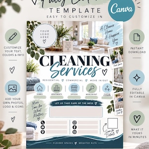 May include: A fully editable cleaning services flyer template featuring a bright interior photograph, dark blue and sage green text, and icons for residential, commercial, and move-in services. Includes placeholders for logo, contact info, and social media.