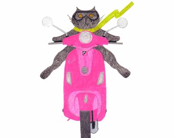 Cat on a Pink Vespa, Vespa Card, Black Cat, Cat Card, Pink Vespa, Funny Cat Card, Cat Lovers Card