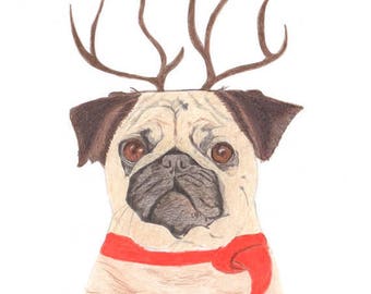 Reindeer Pug Christmas Card  -  Pug Lovers Christmas Card