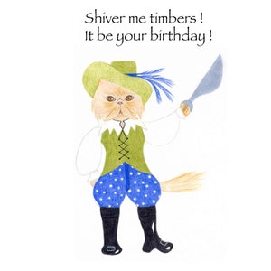 Carte d'anniversaire chat pirate persan ; Carte Amoureux des chats
