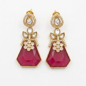 Gold Plated Dangler Earrings, Ruby Red Drop Stone, Boutique Style Ruby Drop Earring, Wedding Look Earrings  46X20 mm