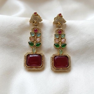 Multi Stone Gold Plated Long Drop Earrings, Vibrant Faux Ruby Stones, Cubic Zirconia Stones, Wedding Jewelry  53X18 mm