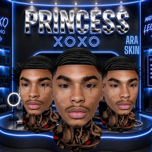 May include: Three identical digital avatars of a person with short wavy hair, light brown skin with vitiligo patches, and a mustache. The background features neon blue text reading PRINCESS XOXO, MADE 4 THE LEGENDS, and XOXO CODE with a list of phrases.