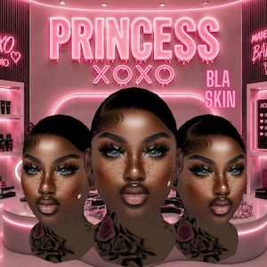 Può includere: Tre avatar digitali con pelle scura, lentiggini e occhi grigi su uno sfondo al neon rosa. Il testo recita PRINCESS, XOXO, BLA SKIN, XOXO STUDIO, MADE 4 THE BADDIES e XOXO CODE con un elenco di frasi che include BE YOU.
