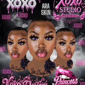 Op de afbeelding: Een digitale afbeelding met drie identieke illustraties van een persoon met een donkere huid, paarse ogen en lange wimpers, met de tekst PRINCESS XOXO, XOXO STUDIO Creation, ARA SKIN, XOXO Designs en Princess met een roze lippengrafiek.