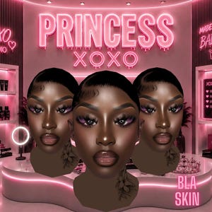May include: Three identical mannequin heads with dark skin tones, styled with sleek hair, long eyelashes, and purple eyeshadow. The background features neon pink signage reading PRINCESS XOXO, XOXO, and MADE 4 THE BADDIES, with shelves displaying beauty products.