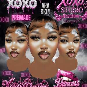 Può includere: Una grafica digitale che presenta tre illustrazioni identiche di un volto con pelle scura, occhi color ambra e labbra lucide, su uno sfondo nero con testo rosa che include PRINCESS XOXO, XOXO STUDIO Creation e XOXO Designs.