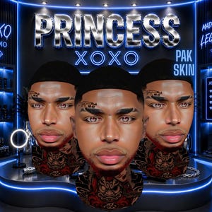 May include: A digital avatar skin featuring a person with a dark complexion, short black hair, and a red and black tattoo on the neck. The face displays a small AK-47 tattoo above the right eyebrow. The background includes neon blue text reading PRINCESS XOXO, MADE 4 THE LEGENDS, and XOXO CODE.