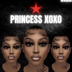 May include: Three identical digital portraits of a person with dark skin, long dark eyelashes, glossy lips, and a nose piercing. The text ARA SKIN, a red star, and PRINCESS XOXO appear above the heads. The word Dream is tattooed on the neck.