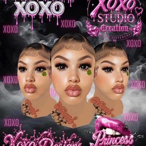 Könnte beinhalten: Eine digitale Grafik mit drei identischen Porträts einer Person mit dunklem Haar, langen Wimpern und einem kleinen grünen Kleeblatt auf der Wange. Der Text umfasst PRINCESS XOXO, XOXO STUDIO Creation, XOXO Designs und Princess mit rosa Tropfeffekten.