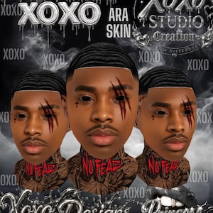 May include: A digital graphic featuring three identical portraits of a person with dark skin, short wavy hair, black eyes, a small cross tattoo on the cheek, and red scratch marks over one eye. The neck displays a tattoo with the red text NO FEAR.