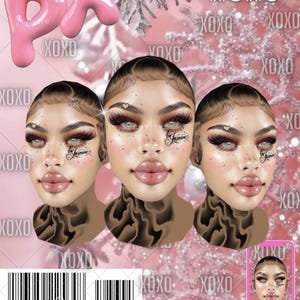 May include: A digital graphic featuring three identical portraits of a person with long dark eyelashes, light eyes, and a small heart tattoo near the eyebrow. The text PRINCESS XOXO and XOXO appears repeatedly over a pink background with a barcode.