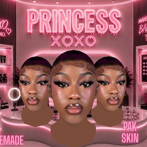 Puede incluir: Tres cabezas de maniquí idénticas con piel oscura, cabello peinado y maquillaje, exhibidas en un estudio iluminado con luces de neón rosas. El texto incluye PRINCESS XOXO, XOXO STUDIO, MADE 4 THE BADDIES, XOXO CODE, BE YOU, BE BOLD, BE BAD, BE XOXO, PREMADE y PAK SKIN.