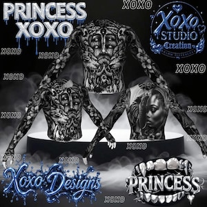 May include: Long-sleeve shirts featuring black and white graphic prints. One shirt displays a multi-eyed face and floral patterns, while the other shows a portrait of a person. Text includes PRINCESS XOXO, XOXO STUDIO Creation, and XOXO Designs.