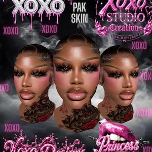 May include: A digital graphic featuring three identical heads with dark skin, long eyelashes, and glossy lips, set against a black background with smoke effects. Text includes PRINCESS XOXO, PAK SKIN, XOXO STUDIO Creation, XOXO Designs, and Princess with a lip icon.