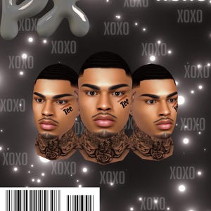 May include: A digital graphic featuring three identical male heads with short dark hair, a thin moustache, and a goatee. Each face has a small scar and the word Tee on the left cheek. The background is black with white XOXO text and a barcode.
