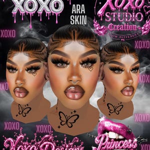 Könnte beinhalten: Eine digitale Grafik mit drei identischen Köpfen mit dunklem Haar in geflochtenen Stilen, langen Wimpern und herzförmigen Wangentattoos. Der Text lautet PRINCESS XOXO, ARA SKIN, XOXO STUDIO Creation, GLOW DIFFERENT, XOXO DESIGNS und Princess mit einer Lippengrafik.