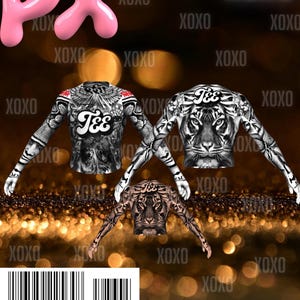 May include: A long-sleeved shirt featuring a black and white graphic print of a tiger face on the back and a stylised logo reading Tee on the front chest. The sleeves and torso are covered in intricate monochrome patterns and detailed illustrations.