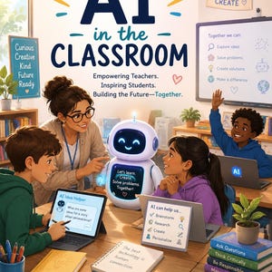 May include: A classroom scene with a teacher and students using tablets and a small white robot. Text reads: AI in the CLASSROOM, Empowering Teachers. Inspiring Students. Building the Future—Together. Practical Ideas. Real Examples. A Future-Ready Mindset.