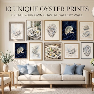 Oyster Wall Art, 10 Piece Coastal Shell Prints, Digital Download, Printable Kitchen Decor