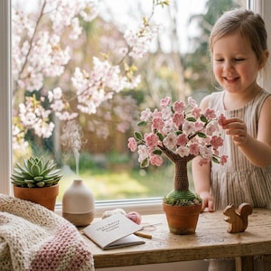 Op de afbeelding: Een gehaakte kersenbloesemboom in een terracotta pot, een kleine vetplant in een terracotta pot, een witte keramische diffuser voor etherische olie, een houten eekhoornfiguurtje en een boekje getiteld The Cherry Blossom Guide op een houten oppervlak.