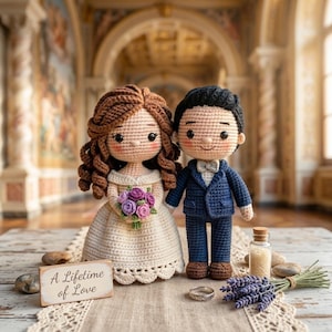 May include: Two crochet dolls representing a couple in wedding attire. The doll on the left has long brown curly hair and a white dress, holding a purple flower bouquet. The doll on the right wears a navy blue suit. A sign reads A Lifetime of Love.
