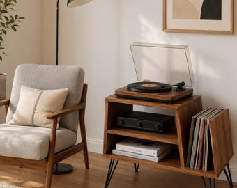 Modern Walnut Record Player Stand with Vinyl Storage | Mid Century Turntable Stand | LP Album Organizer Cabinet