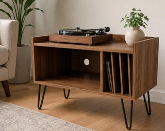Mid Century Record Player Stand with Vinyl Storage, Turntable Cabinet, Walnut Media Console, Modern LP Storage Cabinet