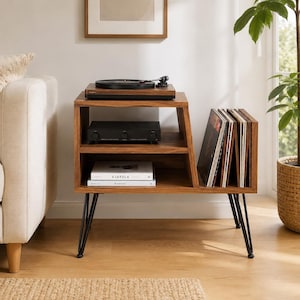 Modern Walnut Record Player Stand with Vinyl Storage | Mid Century Turntable Stand | LP Album Organizer Cabinet