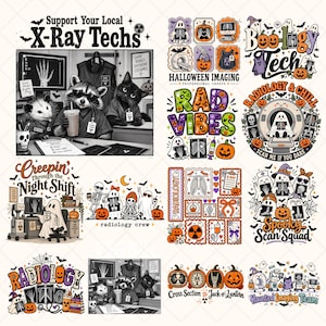 Peut inclure: Une collection d'illustrations numériques sur le thème d'Halloween mettant en scène la radiologie et la technologie des rayons X. Les motifs incluent des ratons laveurs, des chats, des fantômes et des squelettes avec des citrouilles et des textes.