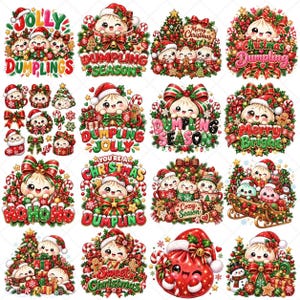 Könnte beinhalten: Eine Sammlung von sechzehn weihnachtlichen digitalen Illustrationen mit lächelnden Cartoon-Teigtaschen, Weihnachtsmützen, Zuckerstangen, Tannenzweigen, Geschenkkartons und festlichen Schriftzügen wie Jolly Dumplings und Merry Christmas.