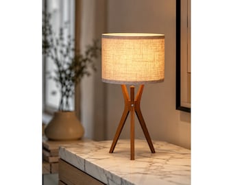 Mid Century Wooden Tripod Table Lamp, Beige Linen Shade, E26 Base Light