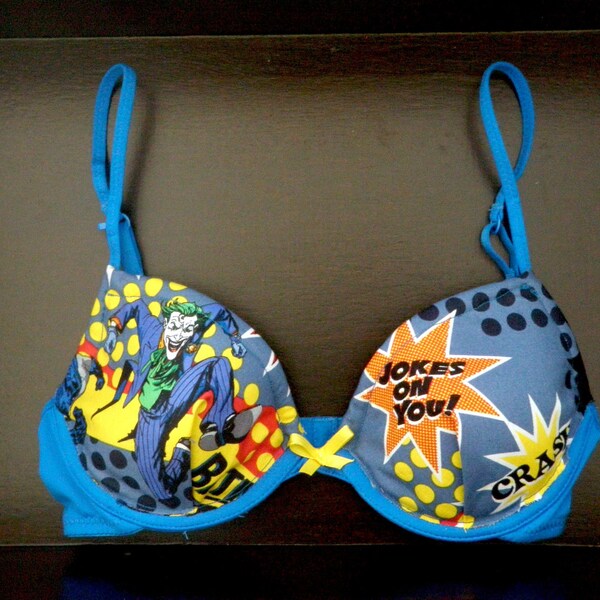 JOKIN' AROUND: Blue Bra with Batman/ Joker Comics Fabric and Fun Yellow Bow