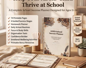 ADHD School Planner for Kids Ages 11-14, Focus Study Skills (Digital Download)