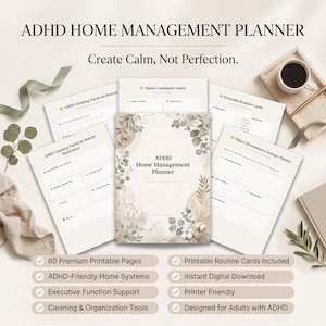 Op de afbeelding: Een ADHD-huishoudplanner-set met meerdere printbare pagina's met florale en botanische illustraties. De omslag toont de titel ADHD Home Management Planner, terwijl de binnenbladen secties bevatten voor schoonmaak, routines en opslagorganisatie.