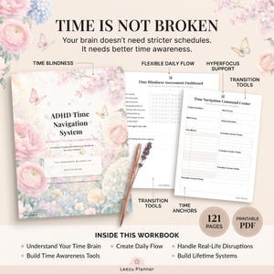 Könnte beinhalten: Ein ADHD Time Navigation System Arbeitsbuch mit Blumen-Cover, das interne Seiten wie ein Time Blindness Assessment Dashboard und Time Navigation Command Center enthält, begleitet von einem roségoldenen Stift, insgesamt 121 Seiten als druckbares PDF.