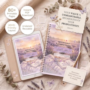 May include: An ADHD Burnout Recovery Planner with a spiral binding and a matching digital tablet display. The cover features a lavender field illustration with text reading ADHD Burnout Recovery Planner. Includes inspirational notes about value and overwhelm.