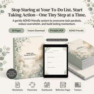 Könnte beinhalten: Ein ADHD Task Paralysis Planer mit 80 Seiten, druckbarem PDF und Sofort-Download. Das Cover zeigt botanische Illustrationen. Enthält Arbeitsblätter, Flussdiagramme, Dashboards, Reflexionsseiten und Tracker für ein schrittweises System.