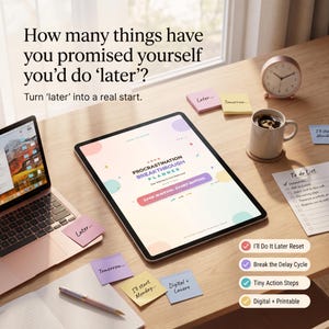 May include: A digital tablet displaying an ADHD Procrastination Breakthrough Planner with pastel graphics, surrounded by a laptop, a coffee mug, a rose gold clock, a pen, and several sticky notes with handwritten text on a wooden desk surface.