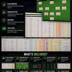 May include: A digital Football Manager Excel planner featuring a green pitch formation builder, player database tables with stats, and various management hubs including finance, training, and scouting trackers. The layout includes text headers like "Football Manager Excel Planner" and "What's Included?" with icons for each tool.