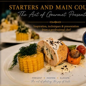 May include: A book cover titled STARTERS AND MAIN COURSES The Art of Gourmet Presentation by Stanislav Stanev. The cover features a plated meal with a stuffed chicken breast, corn on the cob, and roasted vegetables on a white plate.