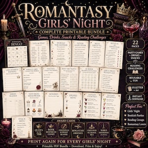 Puede incluir: Un paquete imprimible Romantasy Girls' Night con 22 páginas de juegos, retos de lectura y menús. El set incluye bingo, juegos de elección y tarjetas de premios con una estética oscura y ornamentada, con coronas, espadas y rosas.