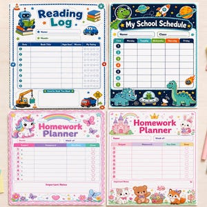 May include: Four printed paper planners and logs featuring colorful illustrations. Top left is a Reading Log with a robot, top right is a My School Schedule with dinosaurs, bottom left is a Homework Planner with a unicorn, and bottom right is a Homework Planner with animals.